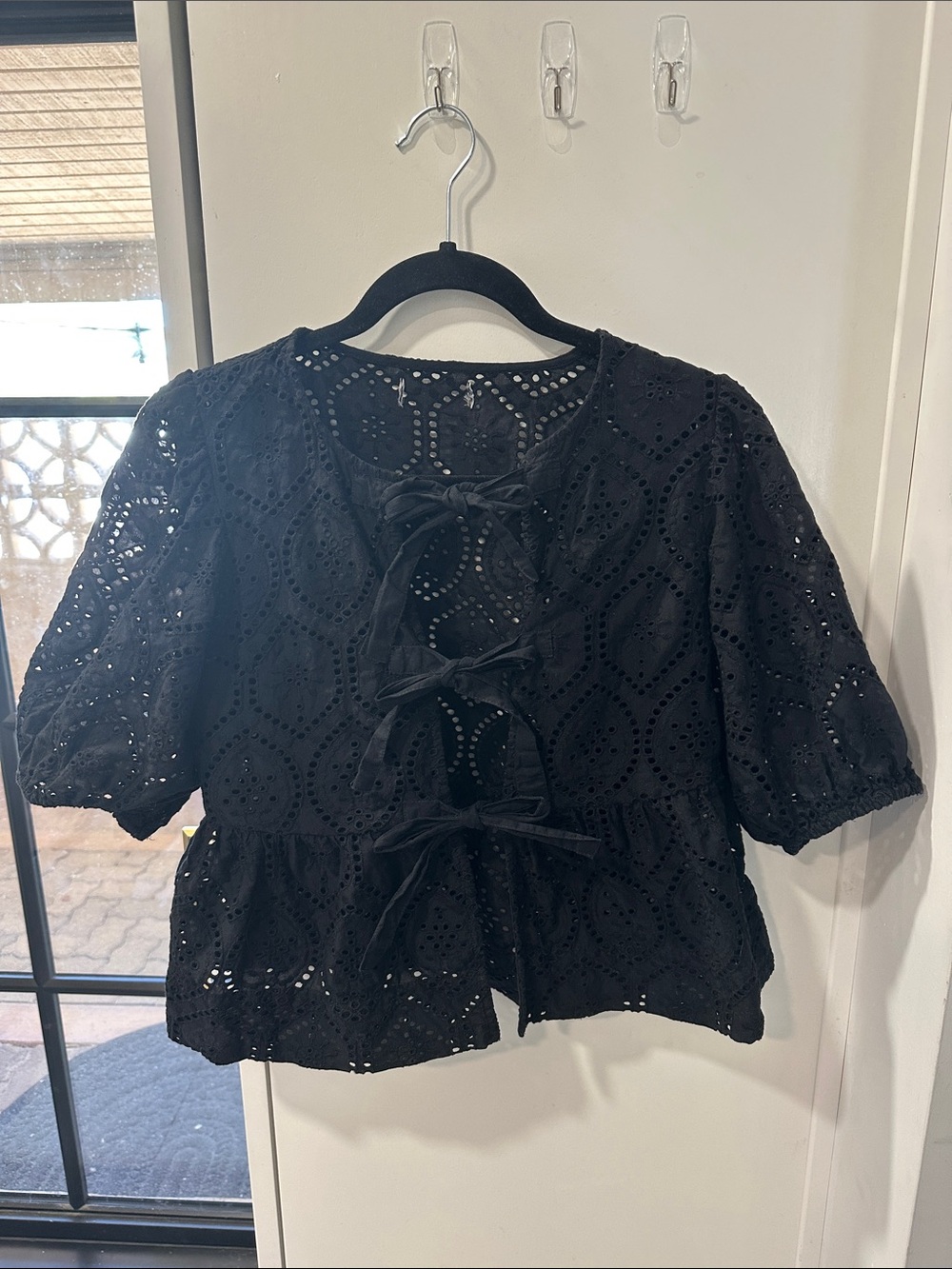 Black Eyelet Tie-Front Women's Top